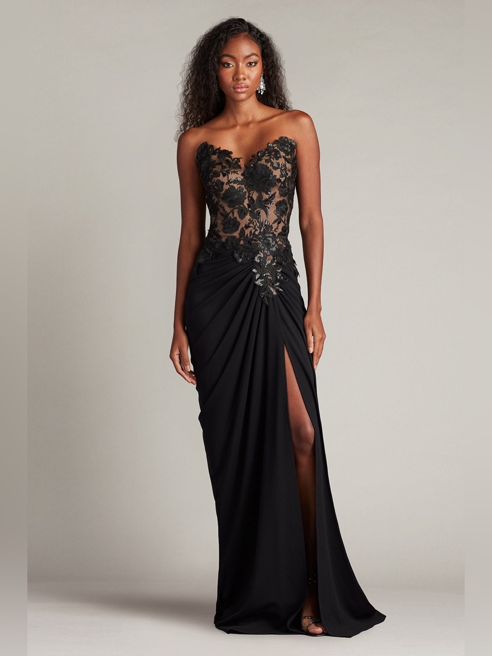 NEW Tadashi Shoji Dresden Draped Sequin Embroidered Strapless Black Gown Size 16